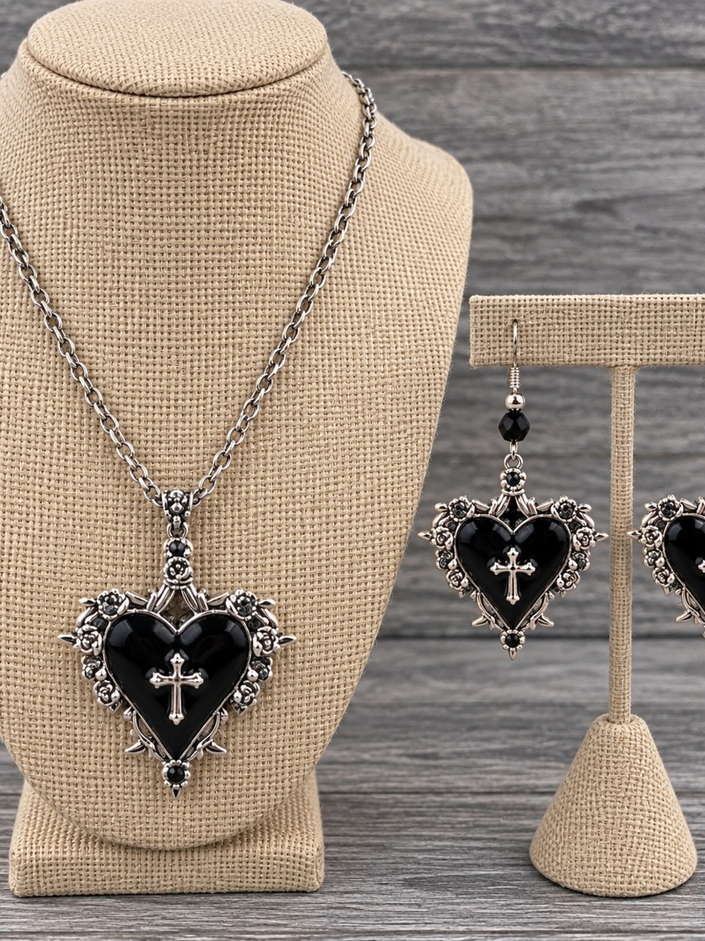 Silver-Tone Black Heart Cross Pendant Necklace & Earrings Set